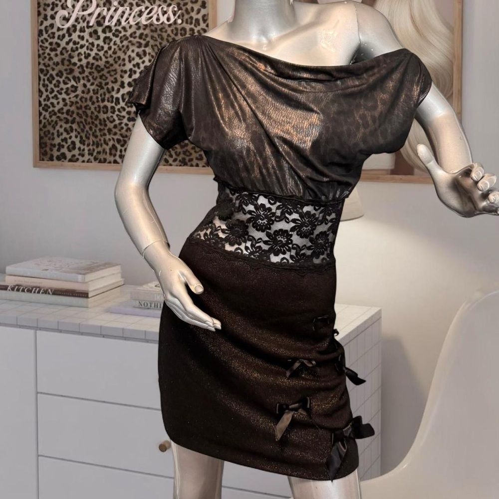 Y2K Brown metallic leopard print bodycon dress with lace and bow details